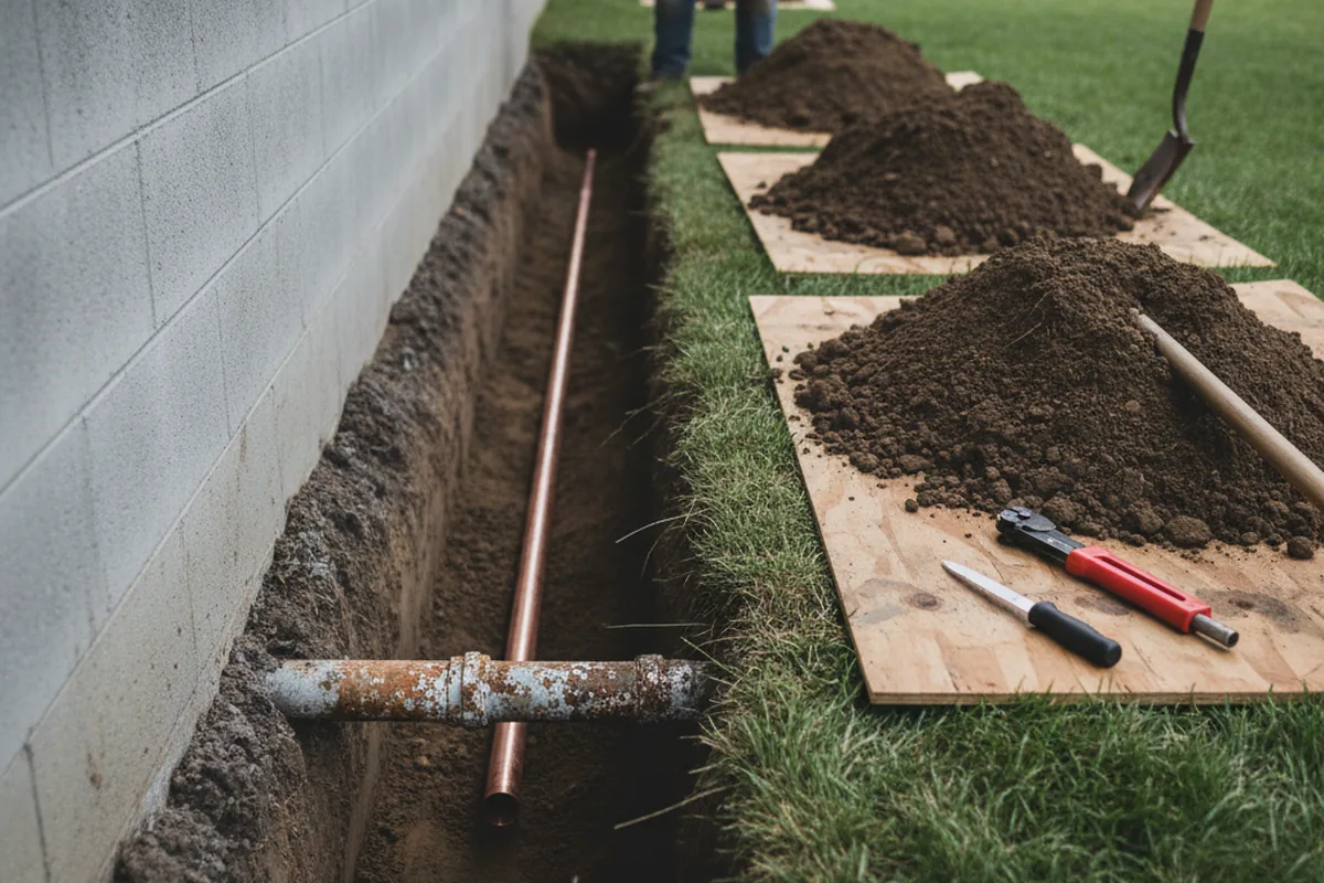 Excavated water line trench during Water Heater Repair in Parsippany